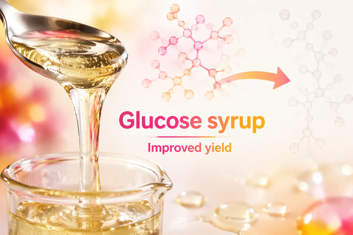Clear glucose syrup pouring from a spoon into a glass beaker, illustrating improved syrup yield