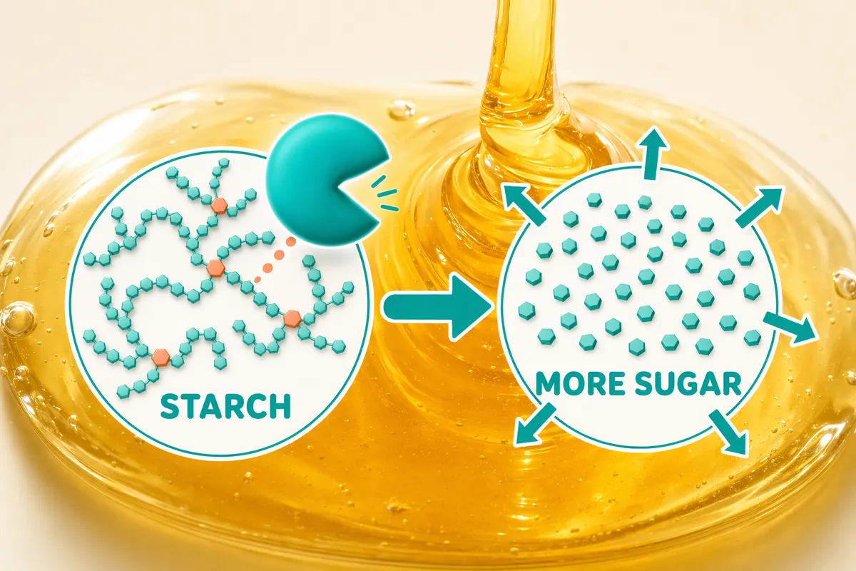 Diagram: branched starch is debranched by pullulanase and converted into more fermentable sugar